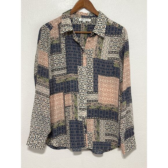 Rose + Olive Faux Patchwork Lightweight Blouse L Blue Pink Coquette Boho - Picture 1 of 11